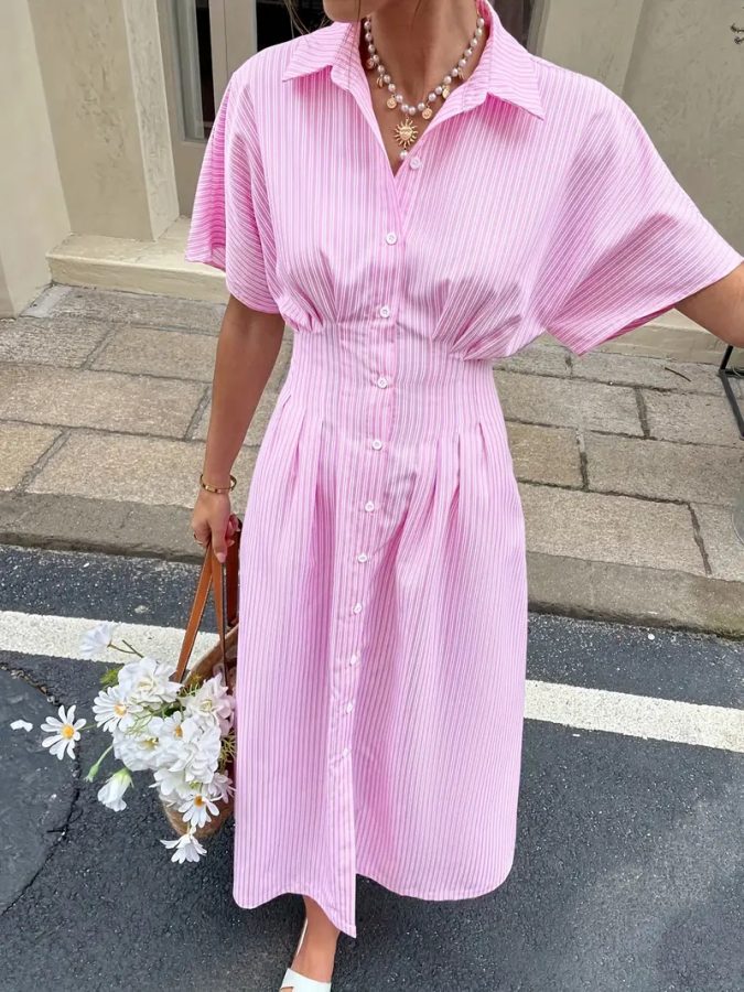 Women Striped Shirt Dress Short Sleeve Midi Length Pleated Waist Split Hem Casual Dress
