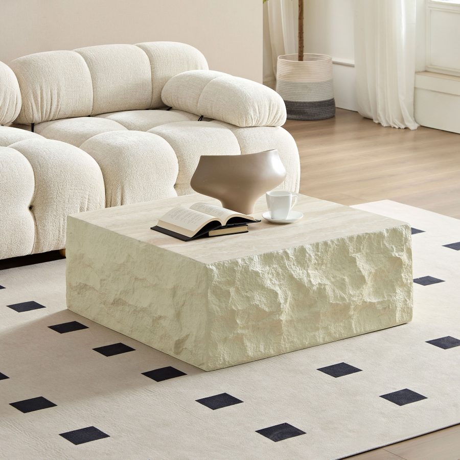 Fiberglass Square Center Coffee Table For Living Room 35.43'' Vintage Table,Imitation Stone Table Front Of The Sofa,Modern Design Coffee Table For Office,Apartment,No Need Assembly