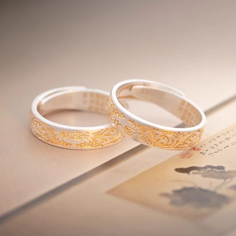 9999 Pure Silver Solid Open Ring With Tang Grass Pattern & Gold Trim, Safe & Joyful Heart Sutra Engraved, Retro Chinese Style Pure Silver Band