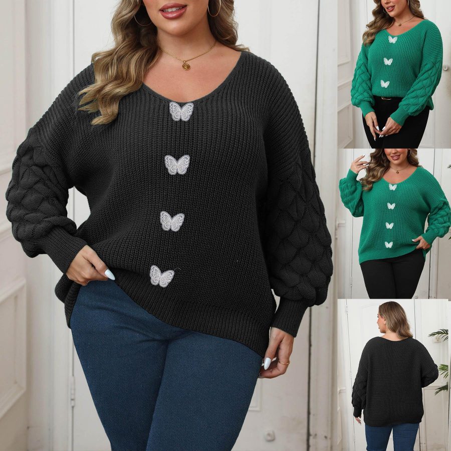 Plus Size Women's Pineapple Sleeve Stitching Deep V Woven Lace Butterfly Sweater