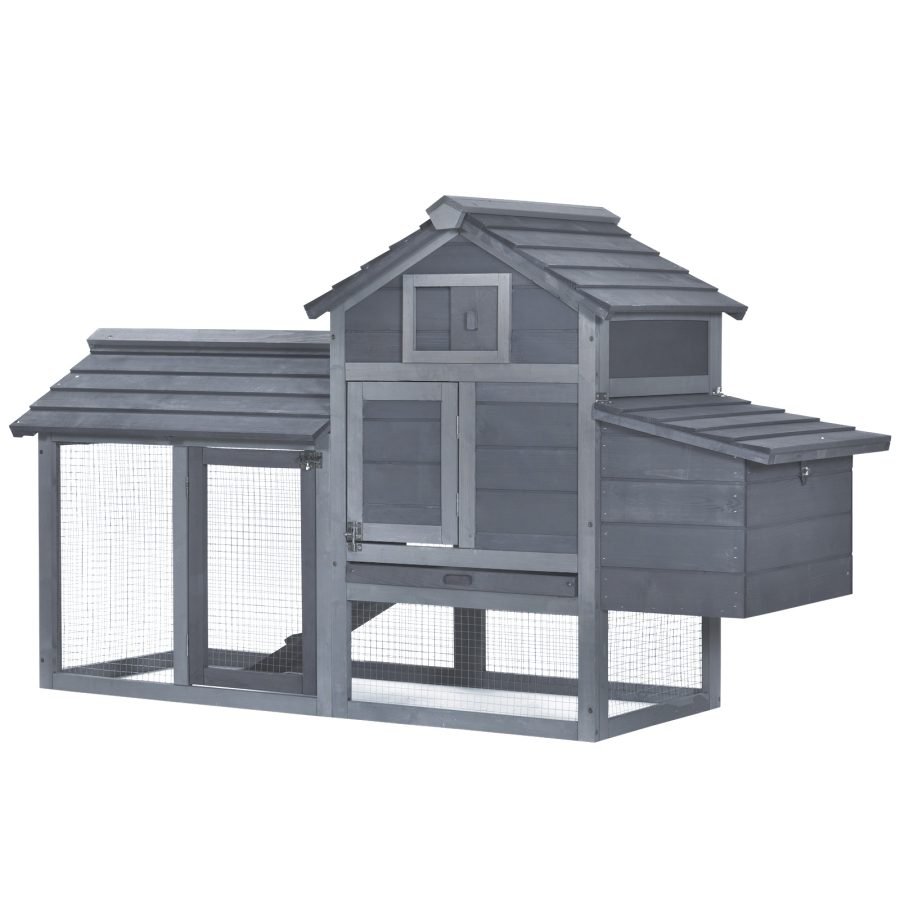 PawHut 59 Small Wooden Chicken Coop Hen House Poultry Cage For Outdoor Backyard With 2 Doors, Nesting Box And Removable Tray, Gray