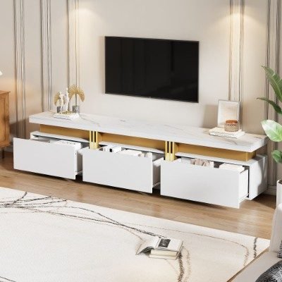 Luxury TV Stand With Faux Marble Top, TV Cabinet Golden Panel Design, And 3 Drawers For Televisions Up To 89'', Rectangle Media Console, Practical Entertainment Center For Living Room, White