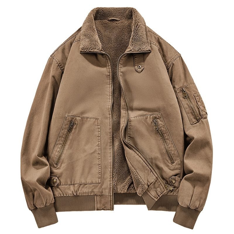 Men's Fleece-lined Washed Cotton Jacket Trendy Windproof