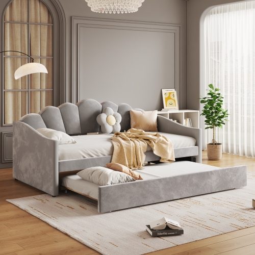 Upholstered Bed, 3FT Single Bed 90x190cm, Bottom With Trundle Bed 90x190cm, Daybed Sofa Bed, Youth Bed, For Adults & Teenagers, Easy Assembly, Velvet, Grey