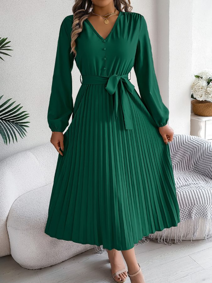 Women's Elegant V-Neck Button Tie-Waist Flared Pleated Maxi Dress