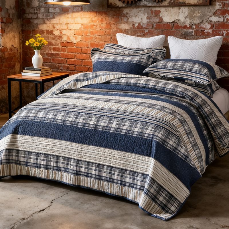 Cotton Reversible Quilt Bedspread Set Nautical Classic Stripe Navy Blue Beige Windowpane Check 3-Piece All Season Lightweight Full Queen 90X98 & King 98X106 Wrinkle-Resistant Breathable Soft  Bedroom