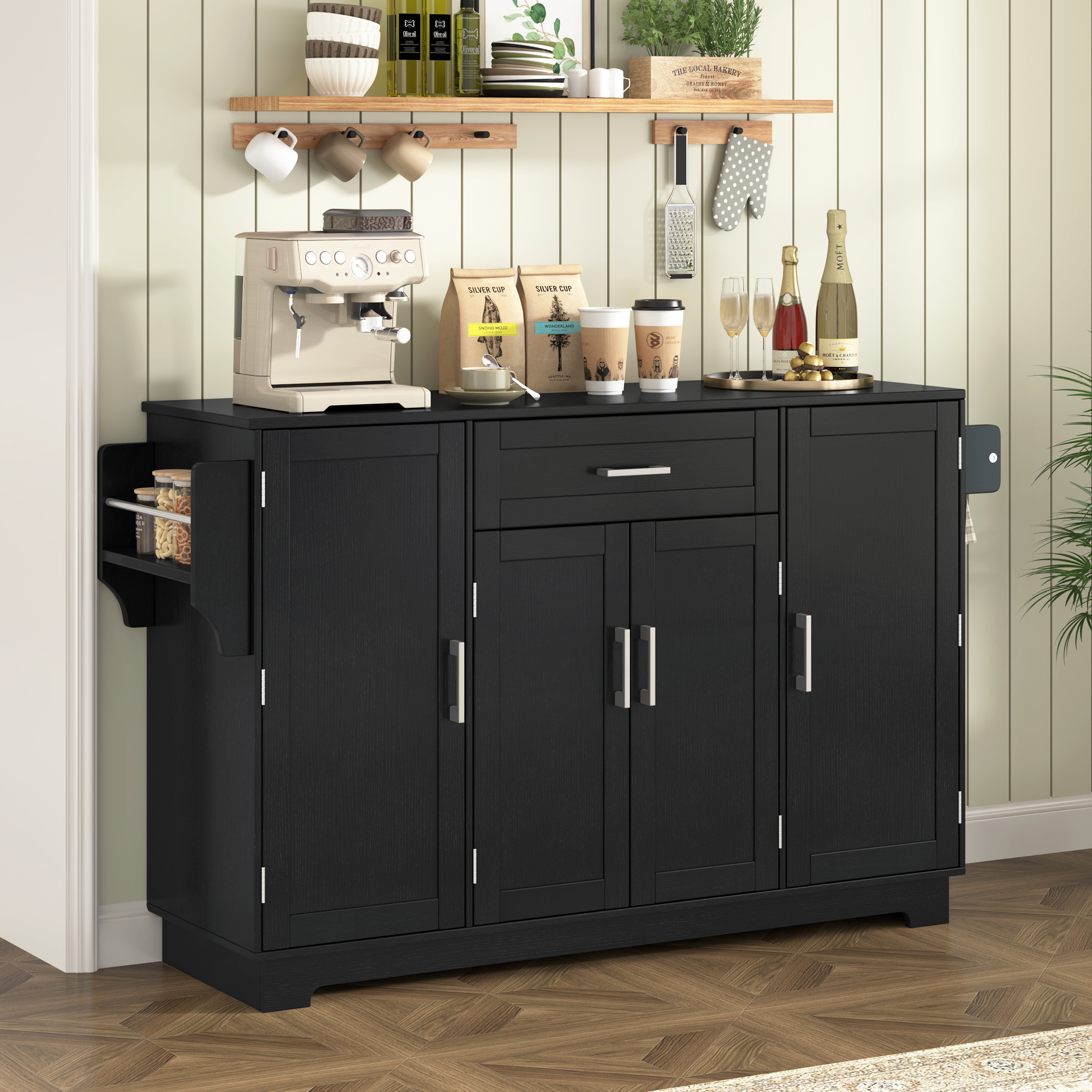 U-STYLE 54.3  Sideboard Buffet Cabinet With Storage  4 Doors & 1 Drawer  Melamine MDF Kitchen Storage With Adjustable Shelves  Aluminum Alloy Handles  Side Shelves & Hanging Rod For Dining Room
