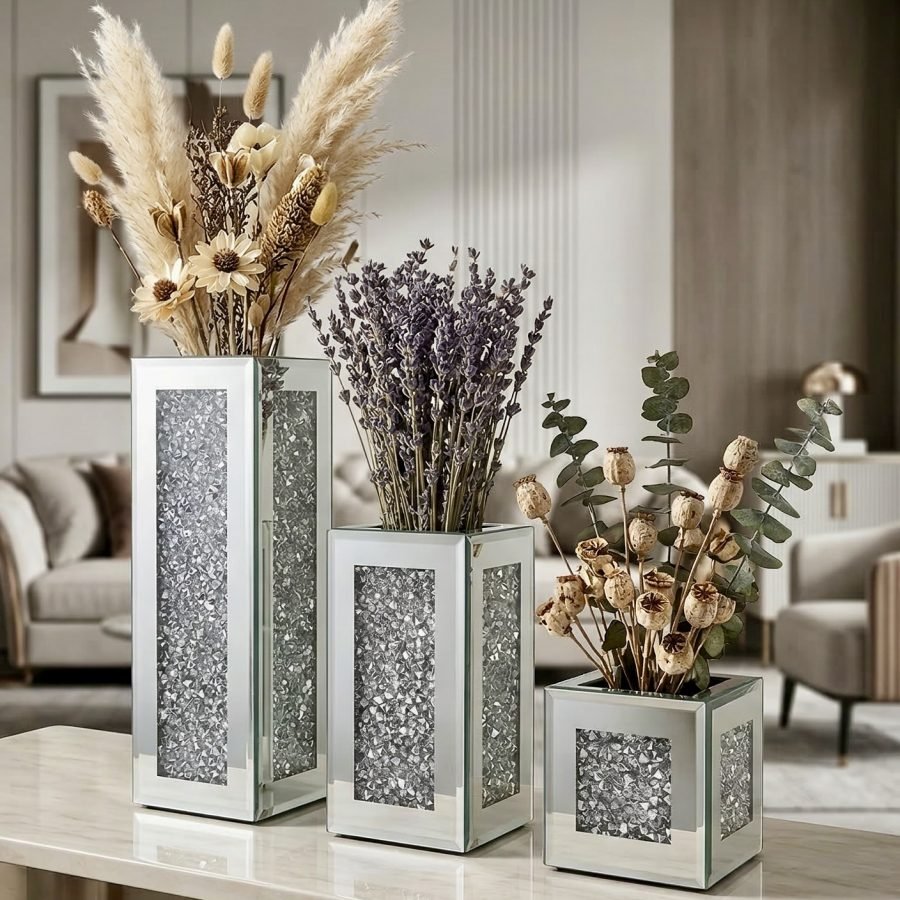 Square Crushed Diamond Mirrored Vase Set Of 3, Silver Sparkly Crystal Glass Decorative Flower Vase, Luxury Table Centerpiece For Home Living Room Wedding Decor