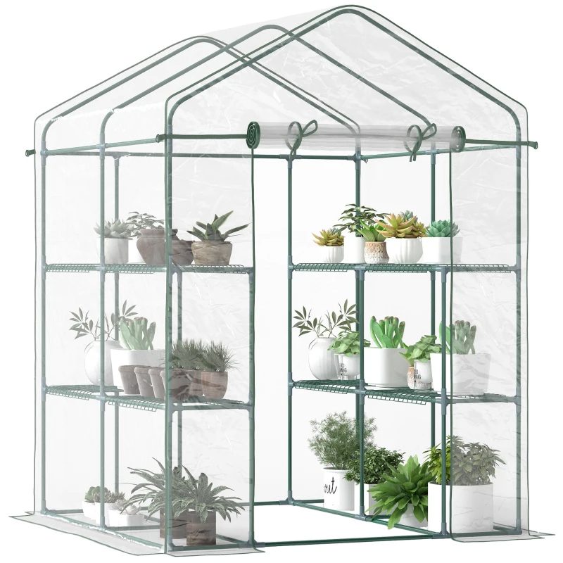 Mini Walk-in Greenhouse Kit, Portable Green House With 3 Tier Shelves, Roll-Up Door, And Weatherized Plastic Cover For Backyard Garden, Clear