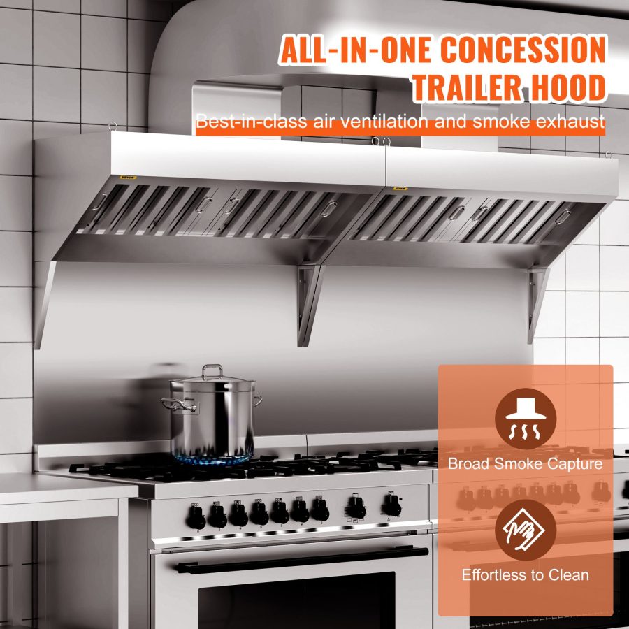 Commercial Exhaust Hood, 5FT Food Truck Hood Exhaust, 201 Stainless Steel Concession Trailer Hood With 2 Detachable U-shaped Grid Oil Filter Mesh, Rust Resistant Vent Hood For Kitchen Restaurant