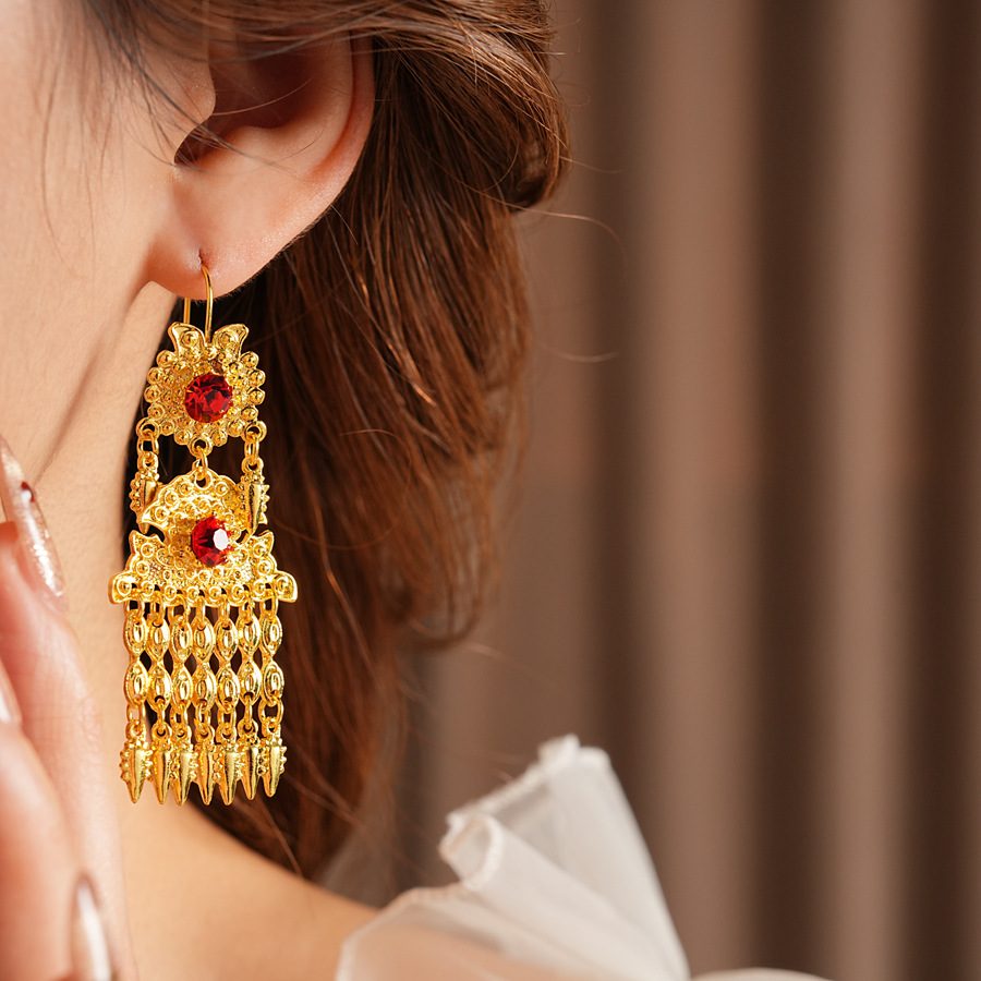 Vintage Chinese Style Tassel Earrings For Women Red Rhinestone Design Long Dangle Earrings S925 Sterling Silver Post Wedding Hanfu Jewelry