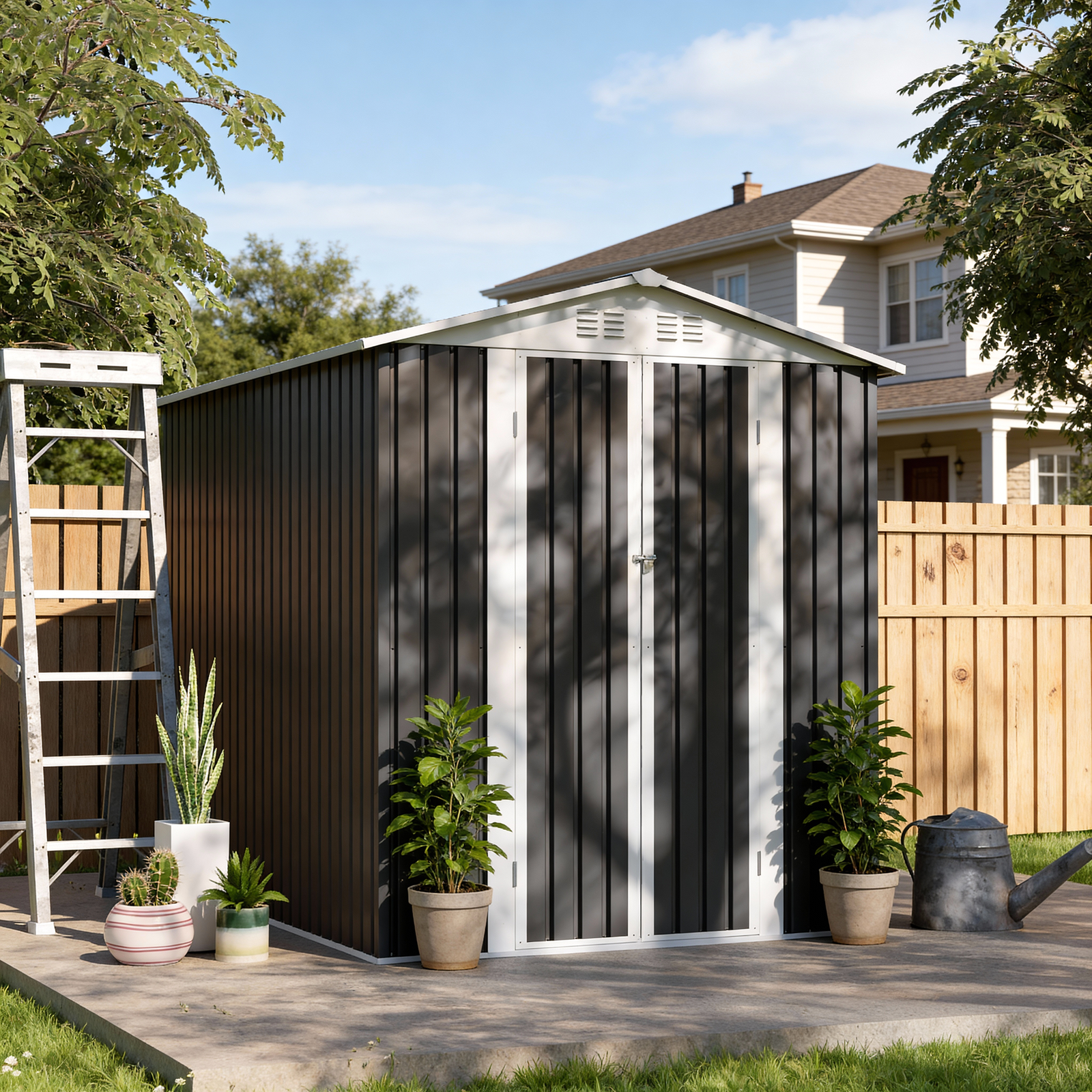6x9 FT Metal Garden Shed  With Hinge Door Grey Outdoor Tool House  Roof