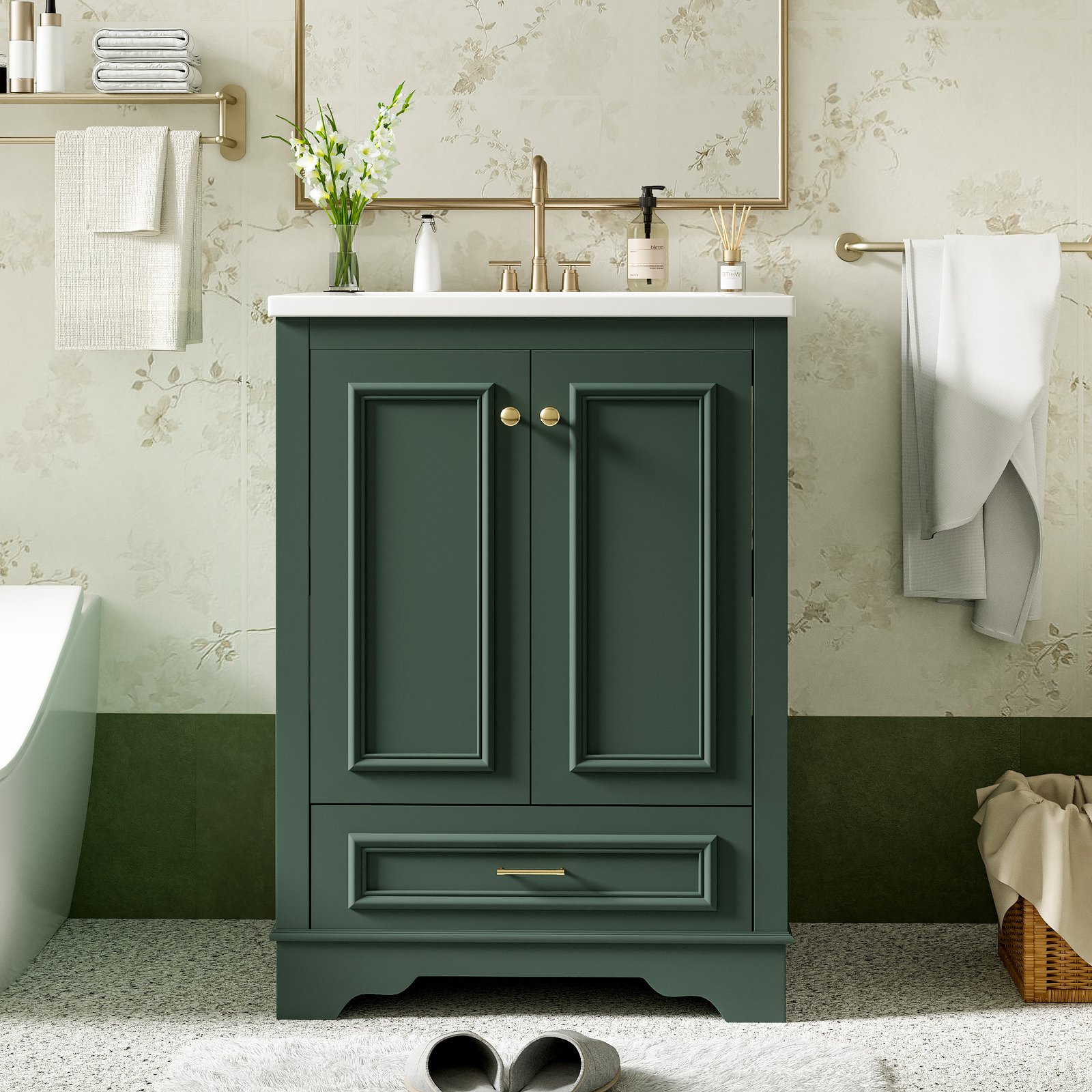 24'' Bathroom Vanity With Ceramic Sink Combo, Modern Freestanding Storage Cabinet  With Silver Handles,  Soft Closing Doors