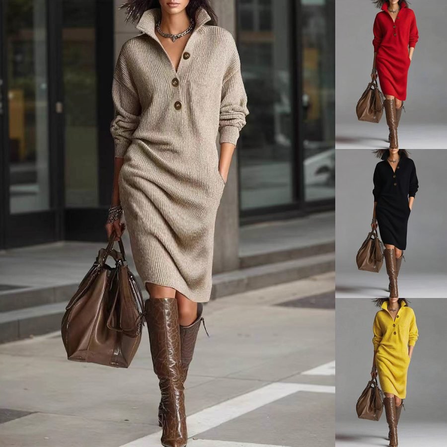 Long-sleeved Sweater Dress Fashion Warm Stand-up Collar V-neck Button Pullover Dresses Winter Casual Commuting Women's Clothing