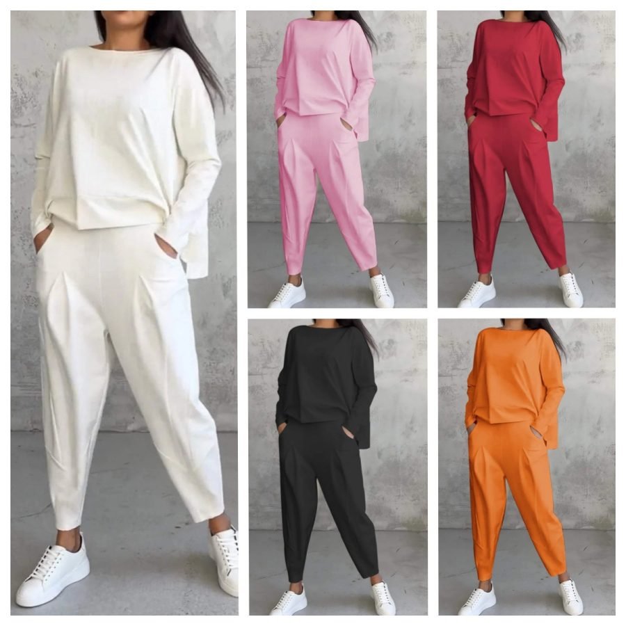 New European And American Cross-Border Women's Fashion Solid Color Round Neck Long Sleeve And Pants Set Casual Women's Two-Piece Outfit