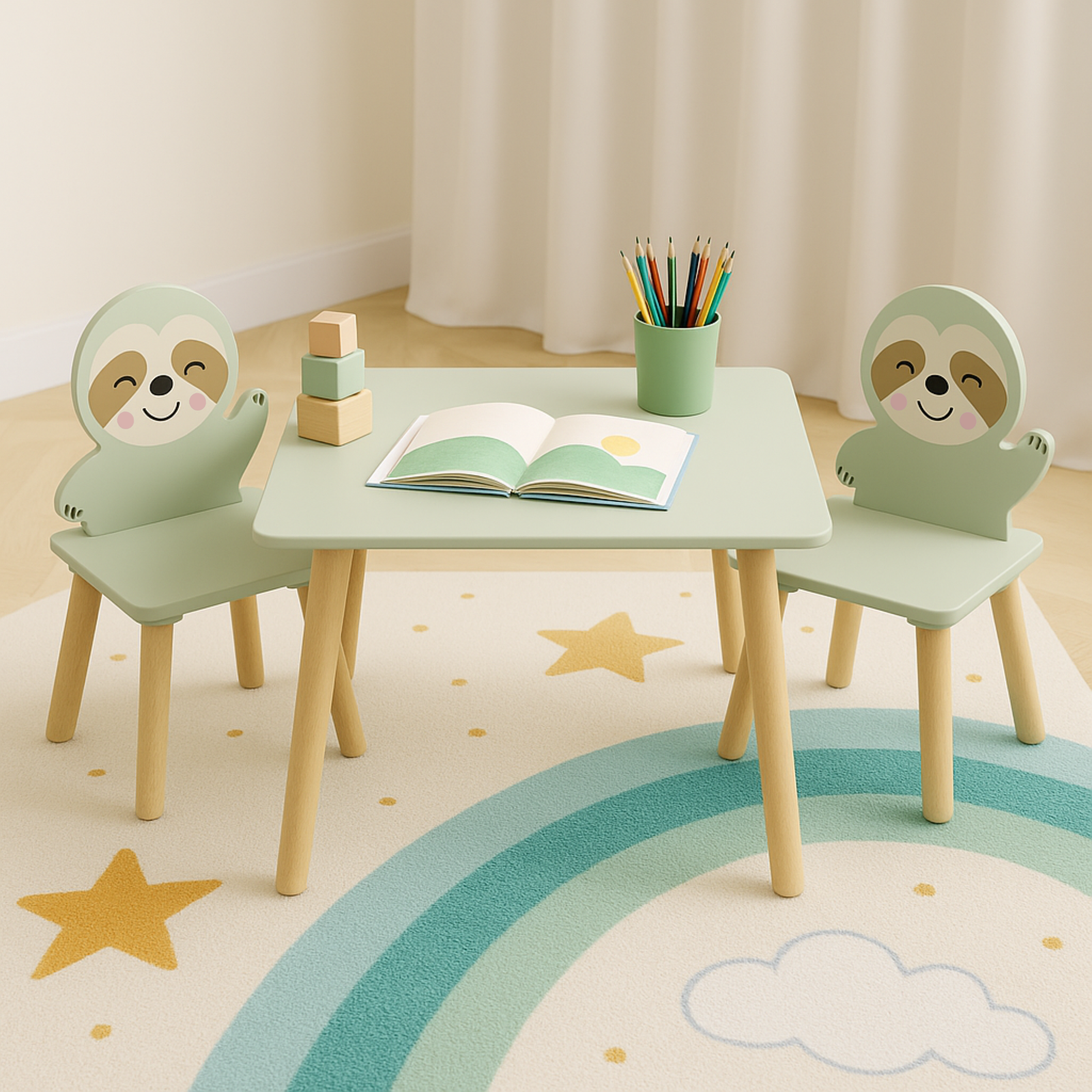 Kids Table And Chair Set With 2 Cute Sloth Chairs, Wooden Toddler Activity Table, Cute Animal Design Play & Study Set For Playroom, Bedroom, Classroom  Sage Green & Wood