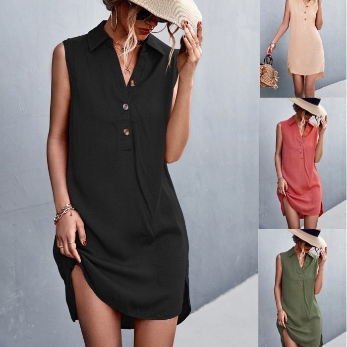 2026 Summer European And American New Product Women's Hot Sale V Neck Button Sleeveless Tank Top Split Cotton Hemp Dress