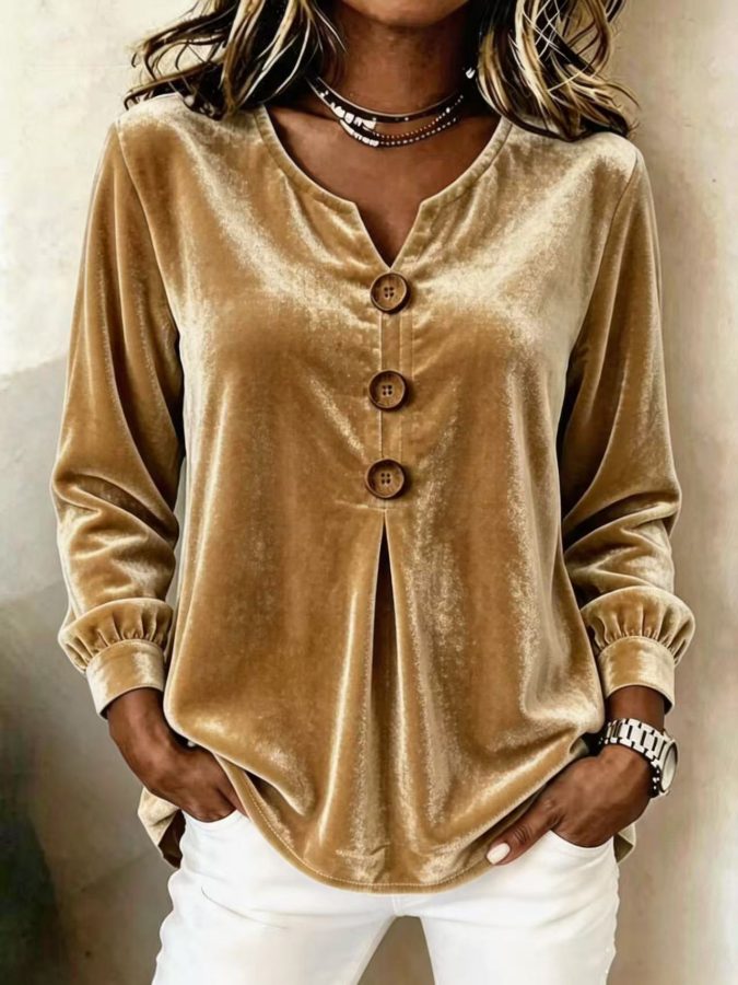 2026 New Style Elegant V Neck Buttoned Long Sleeved Velvet Top T Shirt For Women