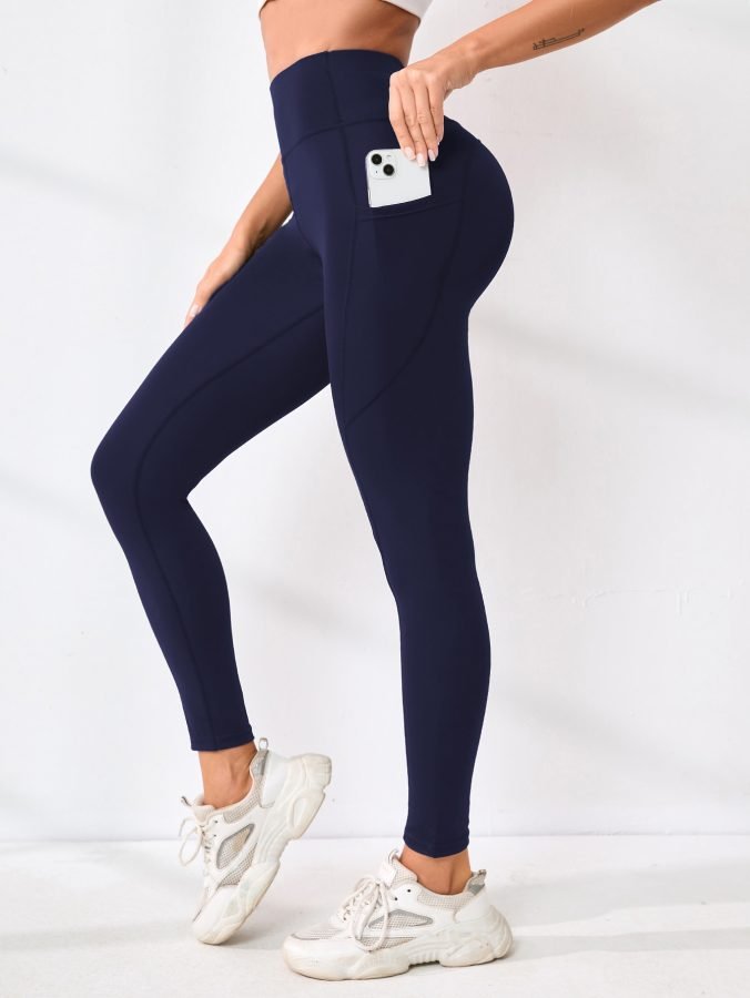 Cross-Border European And American Yoga Pants Solid Color Splicing High-Waisted Hip-Lifting Pocket Outdoor Sports Pants Fitness Tight Leggings For Women