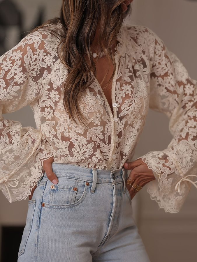2026 Japan Korea Women's Fashion New Korean Style Casual Openwork Lace Shirt For Women