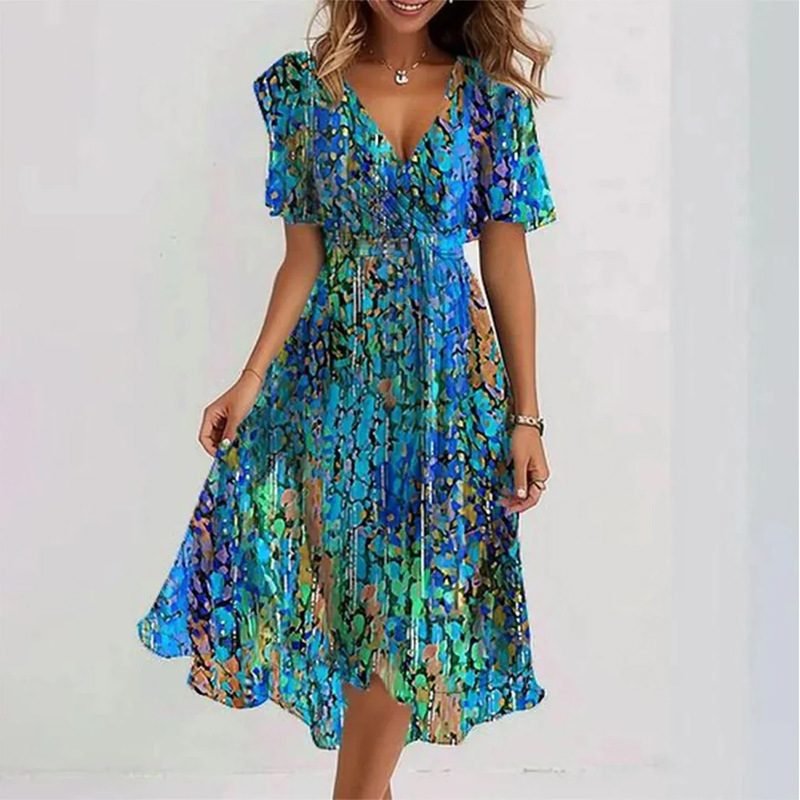 New Cross-Border E-Commerce Amazon Loose Casual Comfortable V-Neck Floral New Hot-Selling Printed Dress
