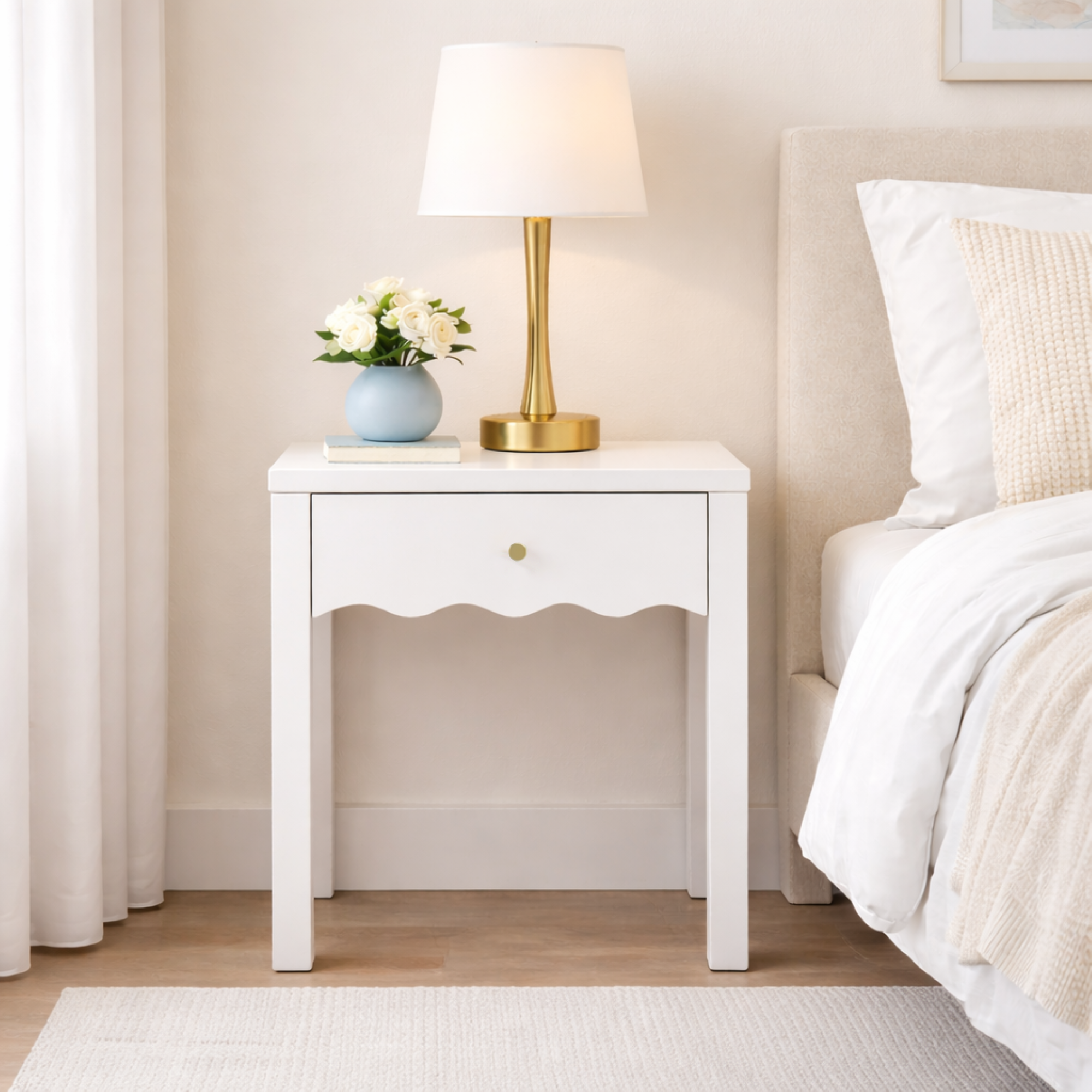 White Nightstand With Drawer, Modern Bedside Table With Wavy Apron Design, Compact End Table For Bedroom Living Room, Small Side Table With Storage