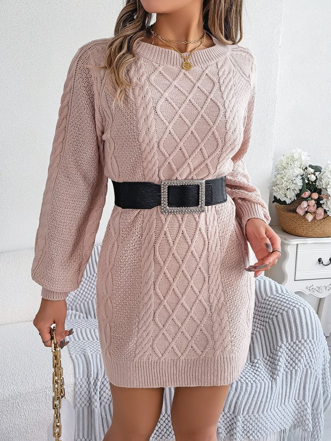 Women Solid Color Cable Knit Cinched Lantern Sleeve Sweater Dress