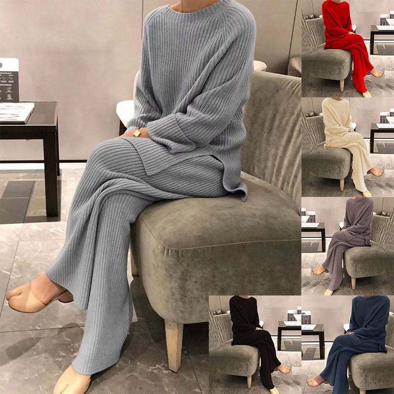 European And American Clothing 2024 Autumn And Winter Amazon Hot Selling Long-Sleeved Pure Color Knitted Casual Two-Piece Knitted Sweater