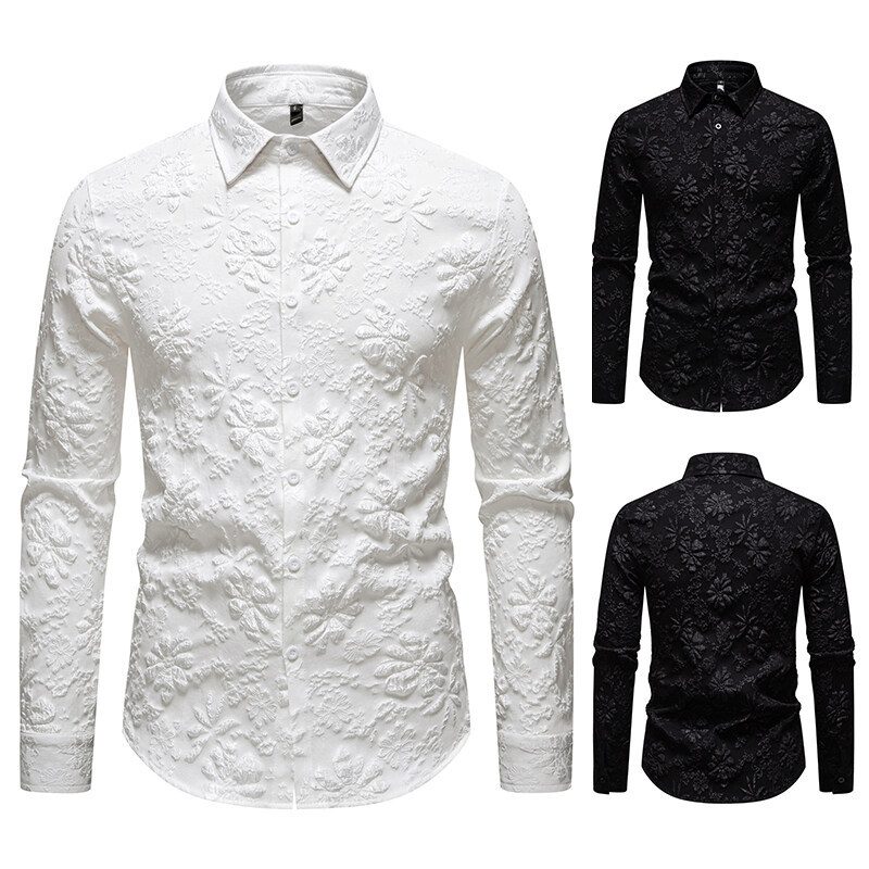 Men's Floral Long Sleeve Shirt Fashion Jacquard Loose-fitting Plus Size Tops