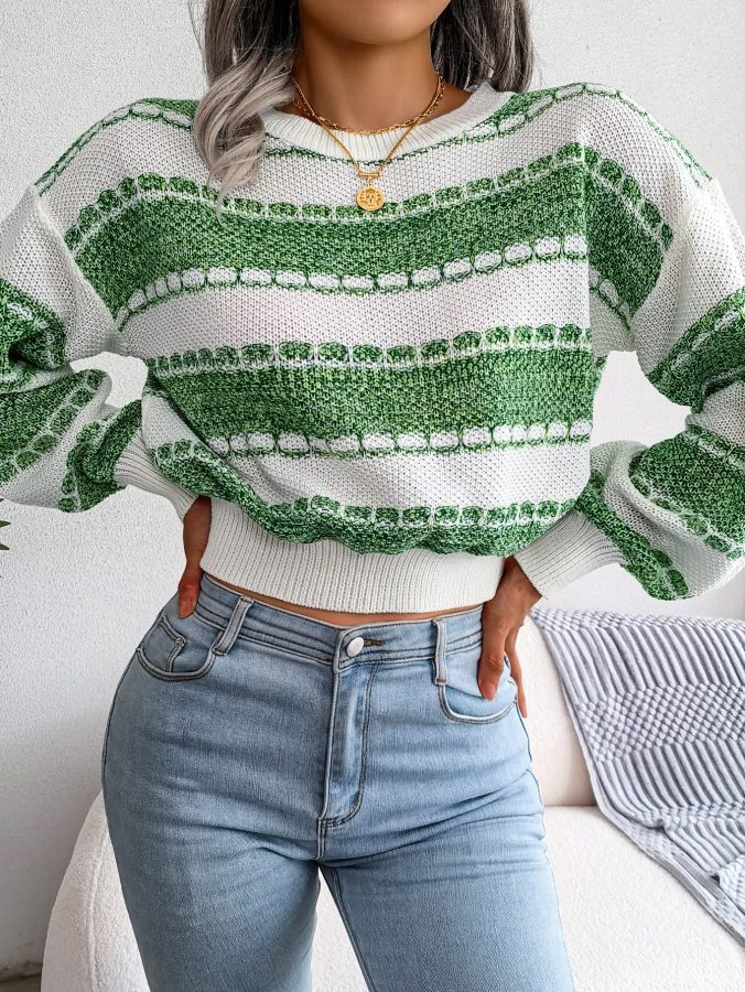 Women Fashion Color Block Long Sleeve Knit Sweater
