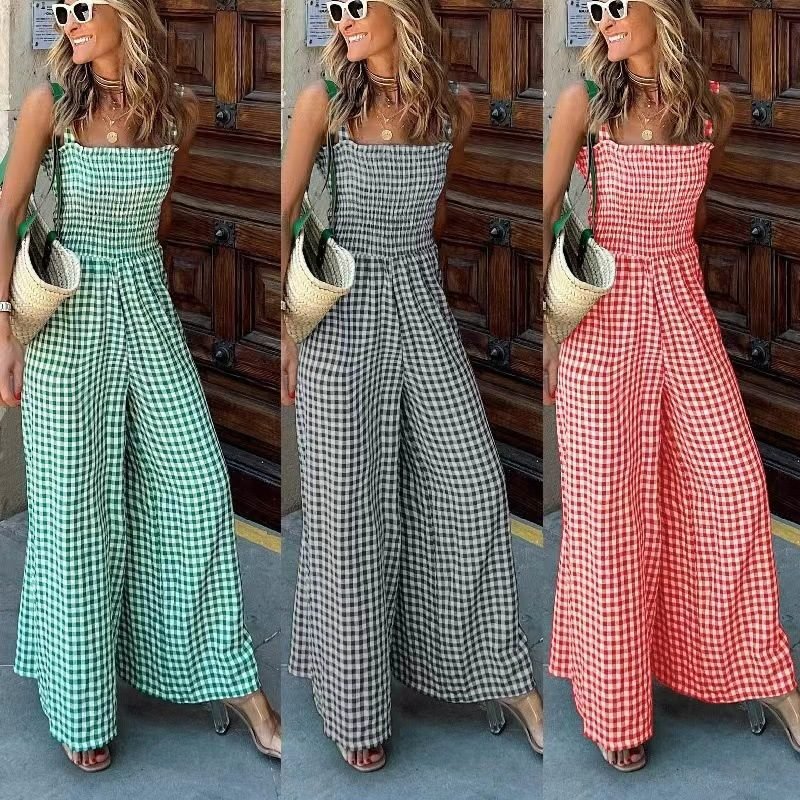 Cross-Border Independent Station Amazon 2022 Summer Elegant Women's Pants Plaid Jumpsuit Mid-Waist Casual Pants