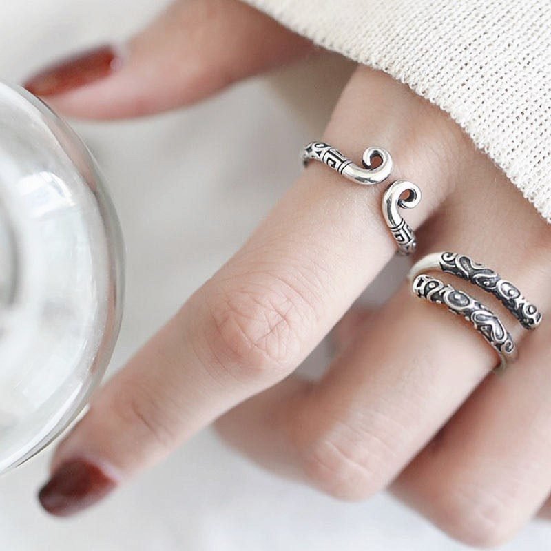 S999 Pure Silver Minimalist Personality Tight Hoop Open Ring, Golden Cudgel Retro Couple Ring Adjustable Finger Jewelry