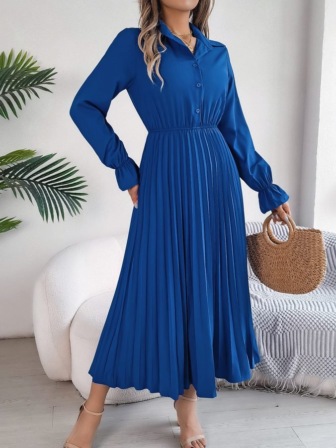 Women's Casual Lapel Button Long Sleeve Tie Waist Pleated Maxi Dress