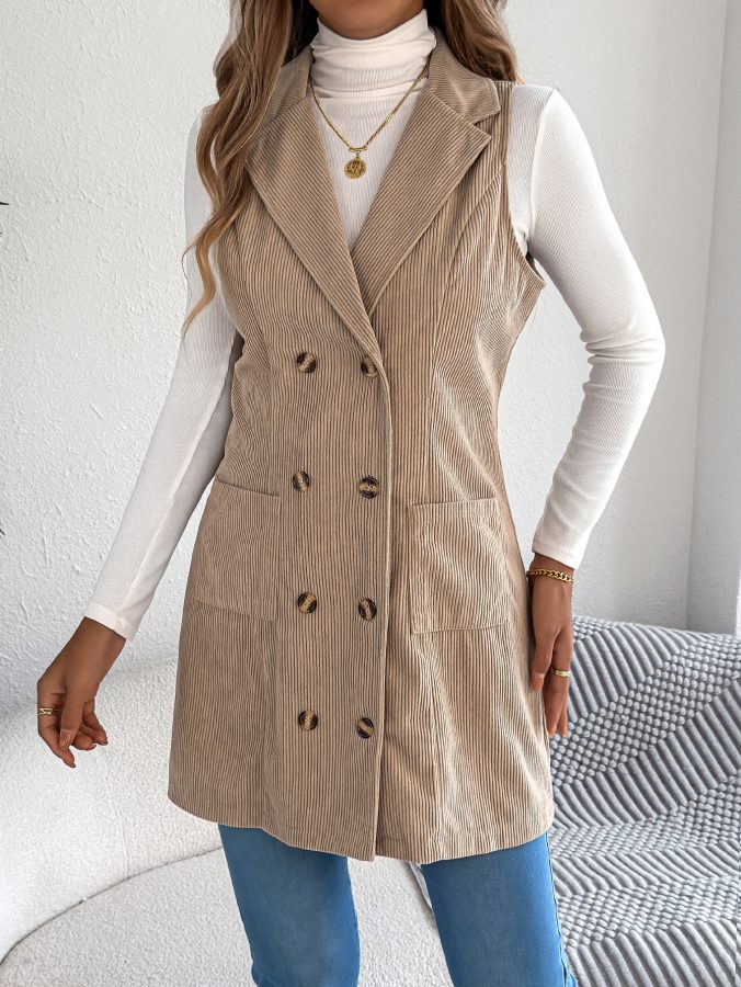 Women's Solid Color Double-Breasted Pocket Corduroy Long Vest Jacket