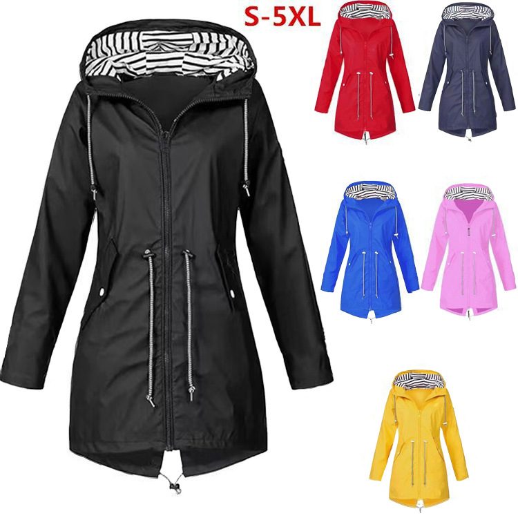 Womens Waterproof Raincoat Casual Basic Outdoors Drawstring Trench Lightweight Drawstring Jackets Hiking Clothes For Women