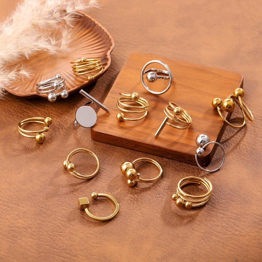 Ins Style Geometric Ball Titanium Steel Ring For Women, Minimalist Design, 18K Gold Plated, Anti-Fade Stainless Steel Adjustable Ring