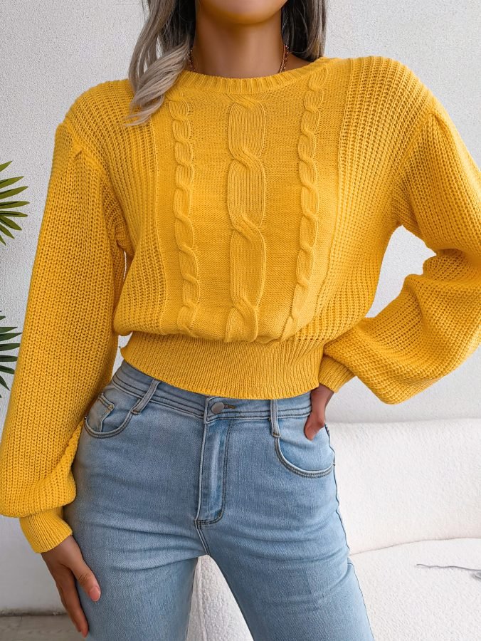 Women Casual Cable Knit Lantern Sleeve Cinched Sweater