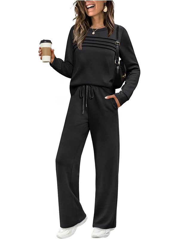 2026 New Autumn European And American Women's Set Long Sleeve Round Neck Top Casual Elastic Waist Pants Wide Legs Pants