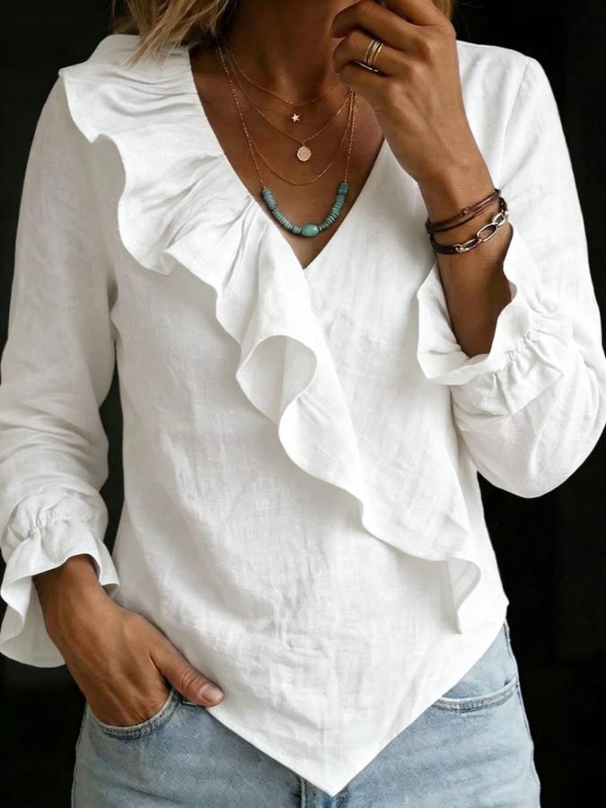 Amazon European And American Cross-Border Cotton And Linen Ruffled V-Neck Shirt, Fashionable Irregular Hem Bell-Sleeve Top