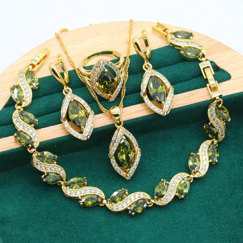 Anti-allergy AAA Zircon Bracelet Necklace Earring Ring Gold Ornament Suit