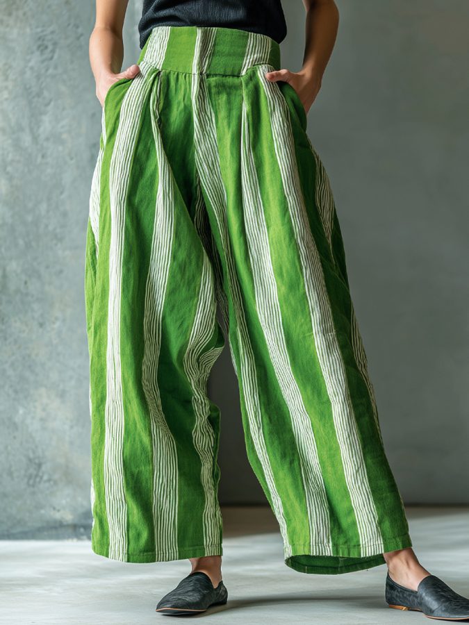 Fall New European & American Cross-Border Women's Loose Casual Resort Style Linen Striped Wide Leg Pants With Premium Feel