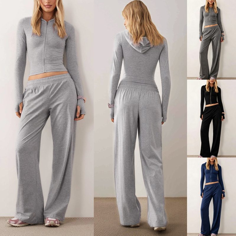 2026 Seasonal Autumn-Winter European Women's Fashion Casual Hooded Sweater Coat  Solid Color, Form Fitting Two Piece Set