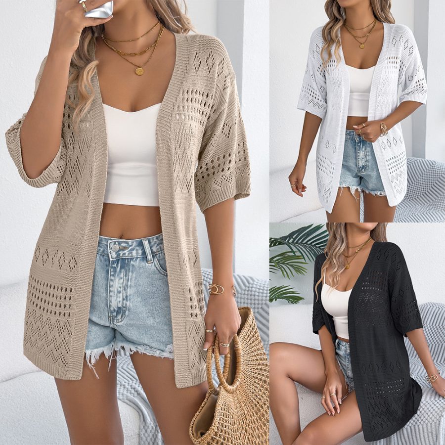 Leisure Solid Color Hollow Half-sleeved Knitwear