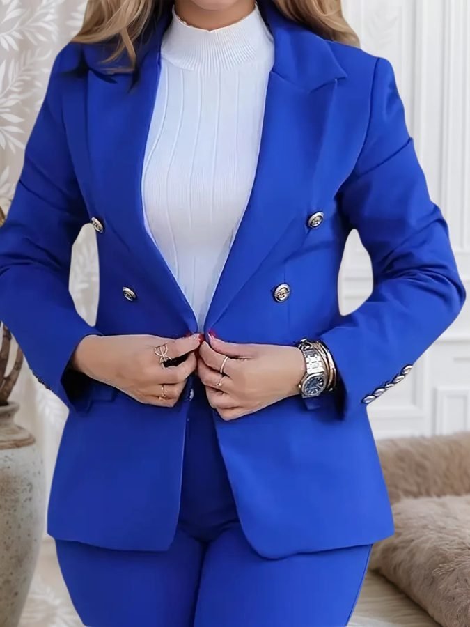 New High-quality Women's Solid Color Fit Casual Fashion Double Row Button Two-piece Set, Machine Washable Spring And Autumn Fashion Casual Suit
