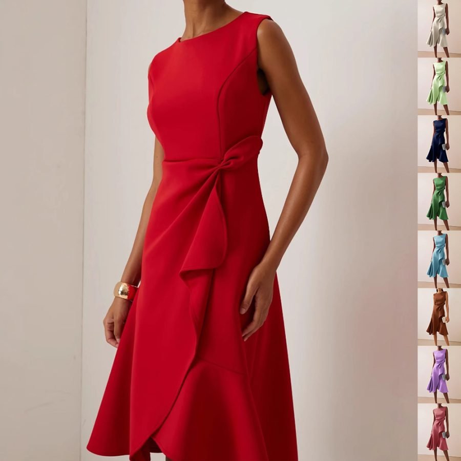Women's Bow-knot Sleeveless Dress Summer Round Neck Red Temperament