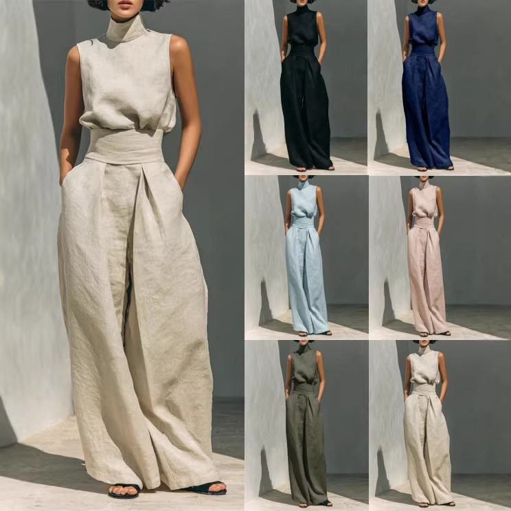 Casual Sleeveless Suit Summer Stand-up Collar Pullover Top And Loose Straight-leg Trousers Women's Clothing