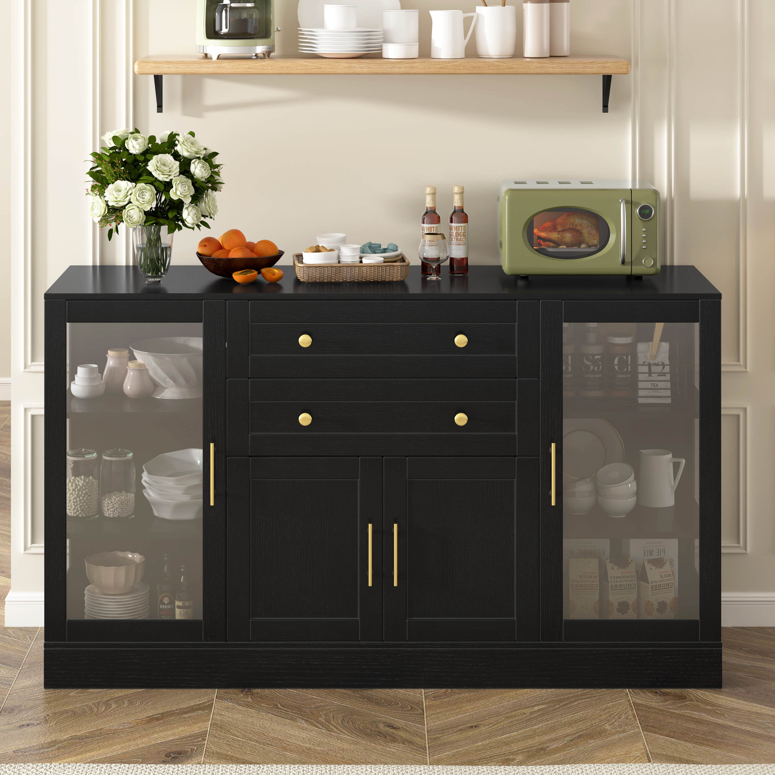 U- Style 58.3  Modern Buffet Sideboard With 4 Doors & 2 Drawers  Adjustable Shelves  Power Outlet  Acrylic Panels  Aluminum Alloy Handles  Storage Cabinet For Dining Room  Living Room And Kitchen