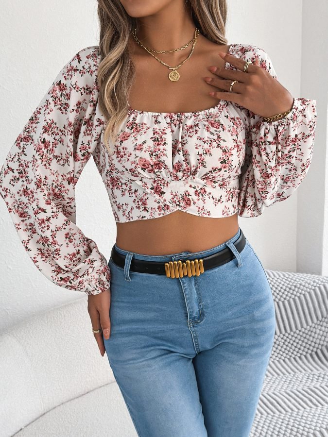 Women's Floral Lantern Sleeve Tie-Waist Chiffon Crop Top