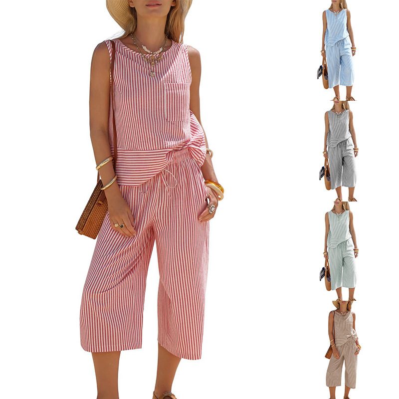 2026 Summer New  European And American Women's Fashion Round-Neck Pure Cotton Two-Piece Set With Striped Sleeveless Top And Cropped Pants