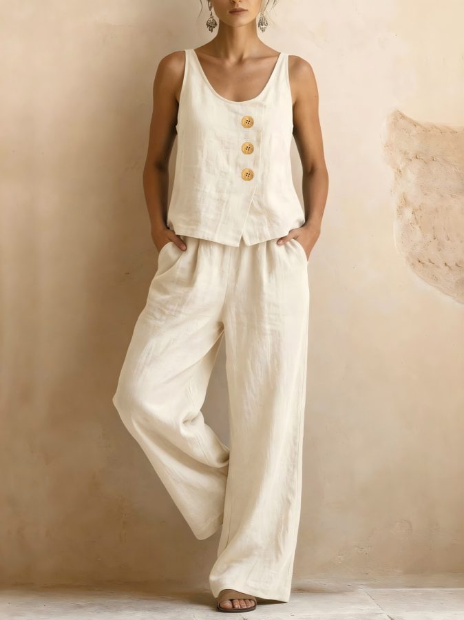 2026 European And American Cross-Border Amazon New Women's Sleeveless Vest And Wide-Leg Pants Cotton-Linen Two-Piece Set In Stock